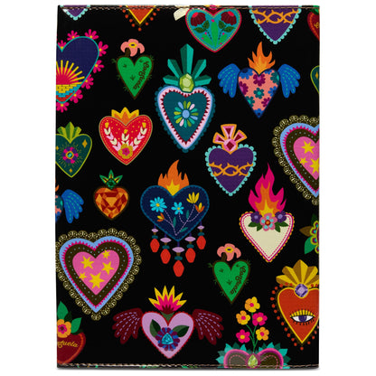 Consuela Notebook, Vida: embroidered hearts with flowers, flames, and wings in various sizes and vibrant colors on the cover. Available in multiple sizes.