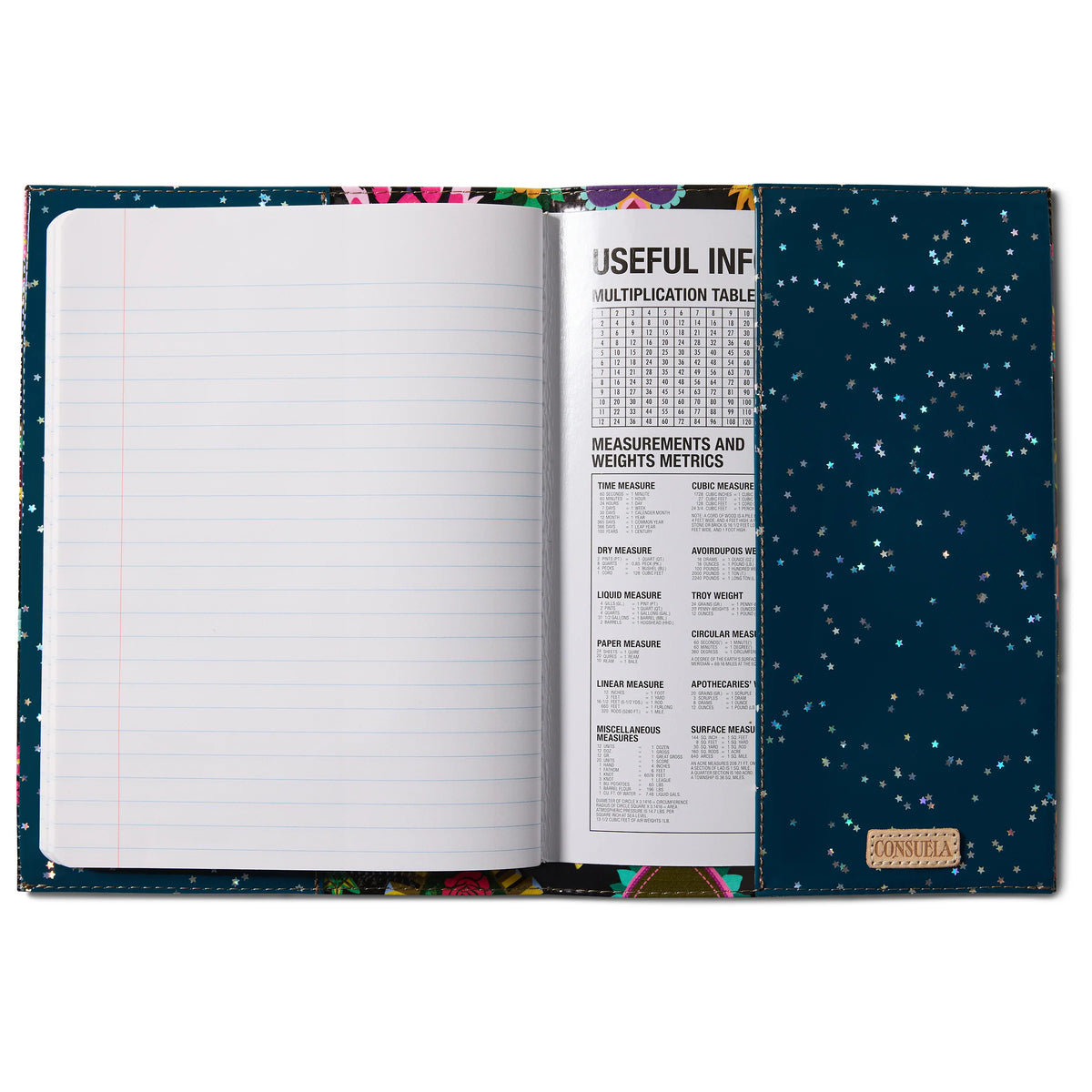 Open Consuela Notebook, Vida with lined pages and a sheet showing multiplication tables and metric conversions inside its dark blue, star-patterned cover. Available in multiple sizes.