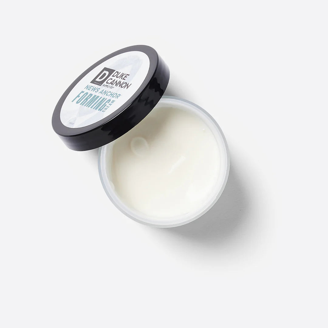 News Anchor Forming Cream: White, water-based styling cream for strong hold and matte finish. Available sizes: 4 oz.