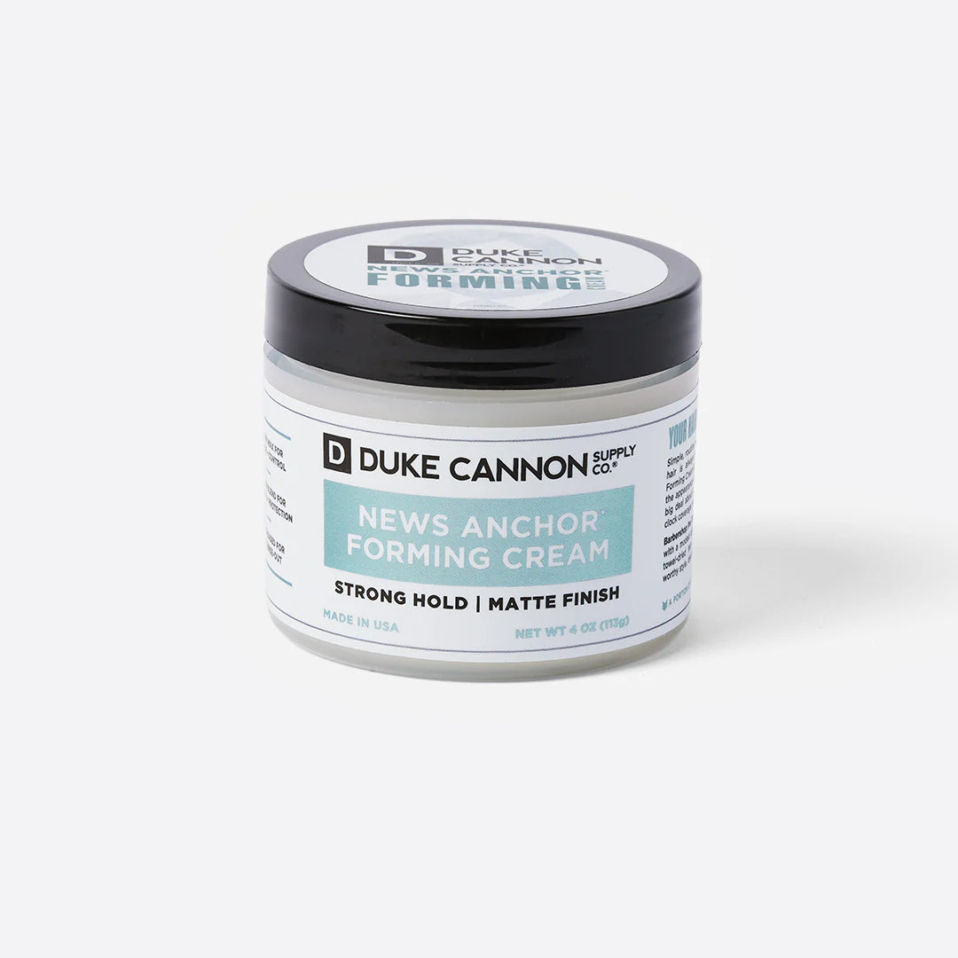 News Anchor Forming Cream, 4 oz (113g) jar, strong hold, matte finish, water-based formula. Sizes available: 4 oz (113g).