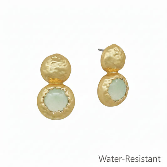 Ona Labradorite Pounded Gold Post Earrings with hammered round gold tops and light green labradorite stones in textured gold bottoms. Water-Resistant. Sizes available.