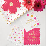 Eat More Cake Paper Napkins: pink/red blooms, gold foil "Happy Birthday"/"eat more cake", floral polka dots. Size: 6.5".