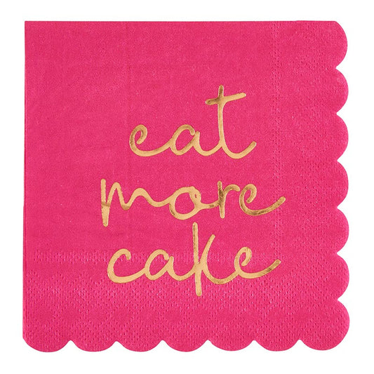 Bright pink scalloped napkins with "eat more cake" in gold cursive; available in standard party napkin size.