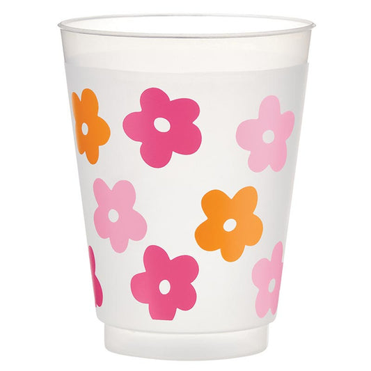 The Frost Cups - Multicolor Flowers: Frosted plastic cup with pink, orange, and red floral patterns. Sizes available: 12 oz and 16 oz.