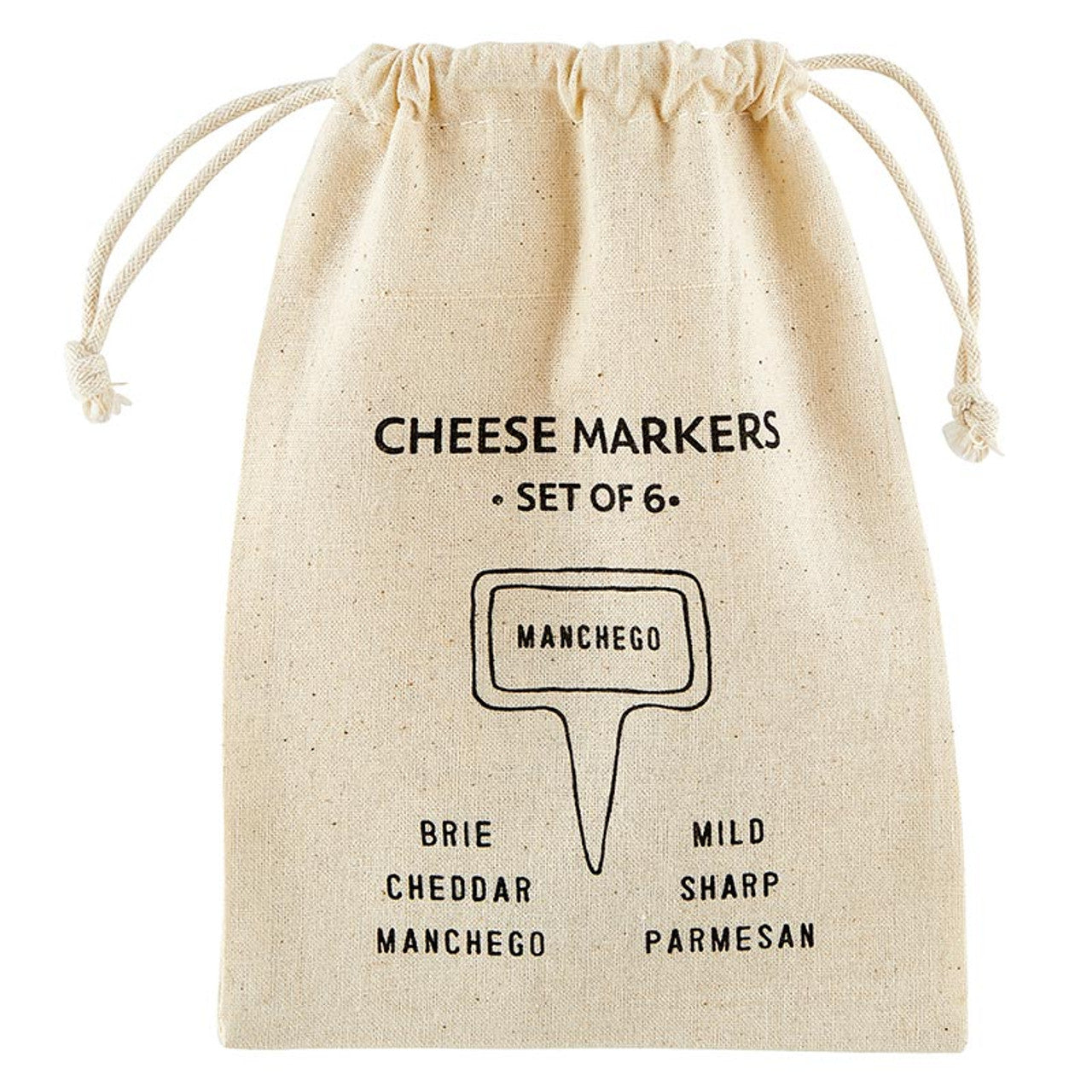 A set of 6 ceramic cheese markers in a beige drawstring bag with black text featuring cheese names like Brie, Cheddar, and Manchego. Ideal for labeling cheeses at parties. Sizes: N/A.