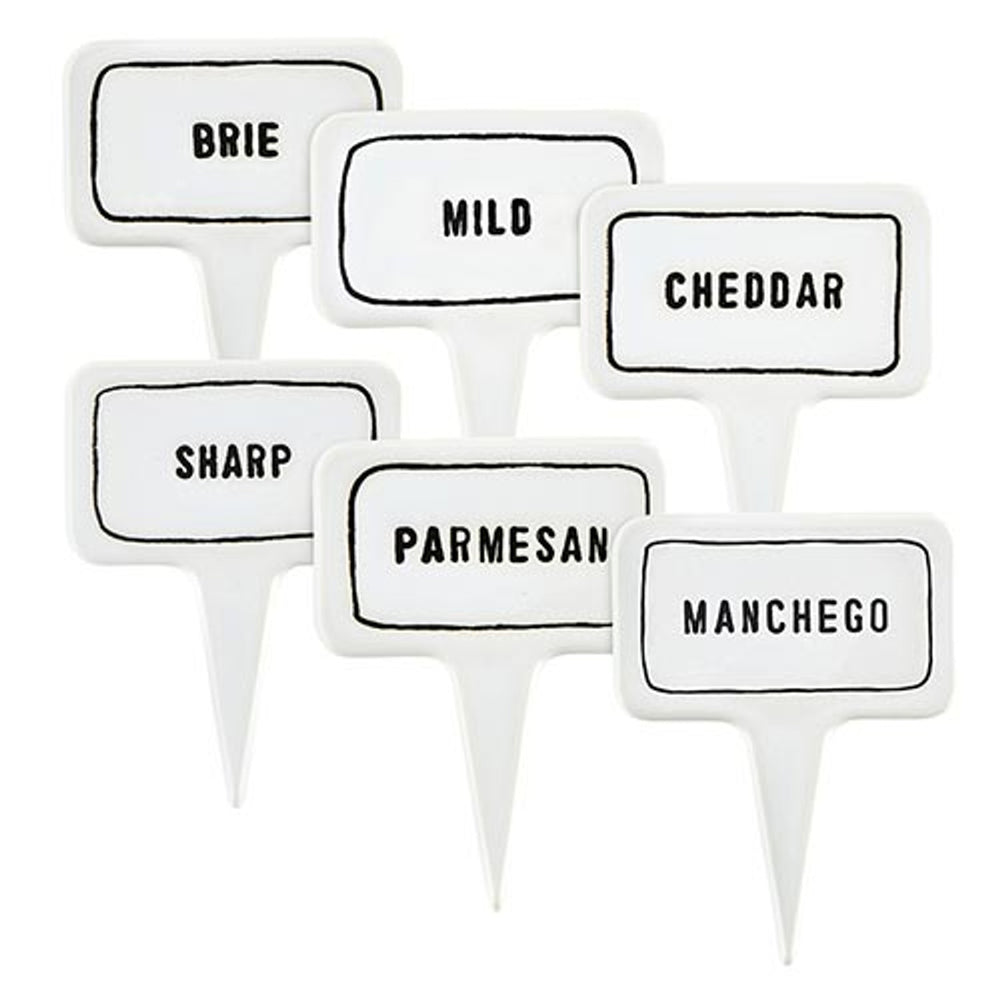 Ceramic Cheese Markers - Set of 6: Ceramic labels with black outlines featuring Brie, Mild Cheddar, Sharp, Parmesan, and Manchego. Perfect for cheese parties.