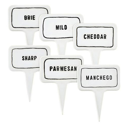 Ceramic Cheese Markers - Set of 6: Ceramic labels with black outlines featuring Brie, Mild Cheddar, Sharp, Parmesan, and Manchego. Perfect for cheese parties.