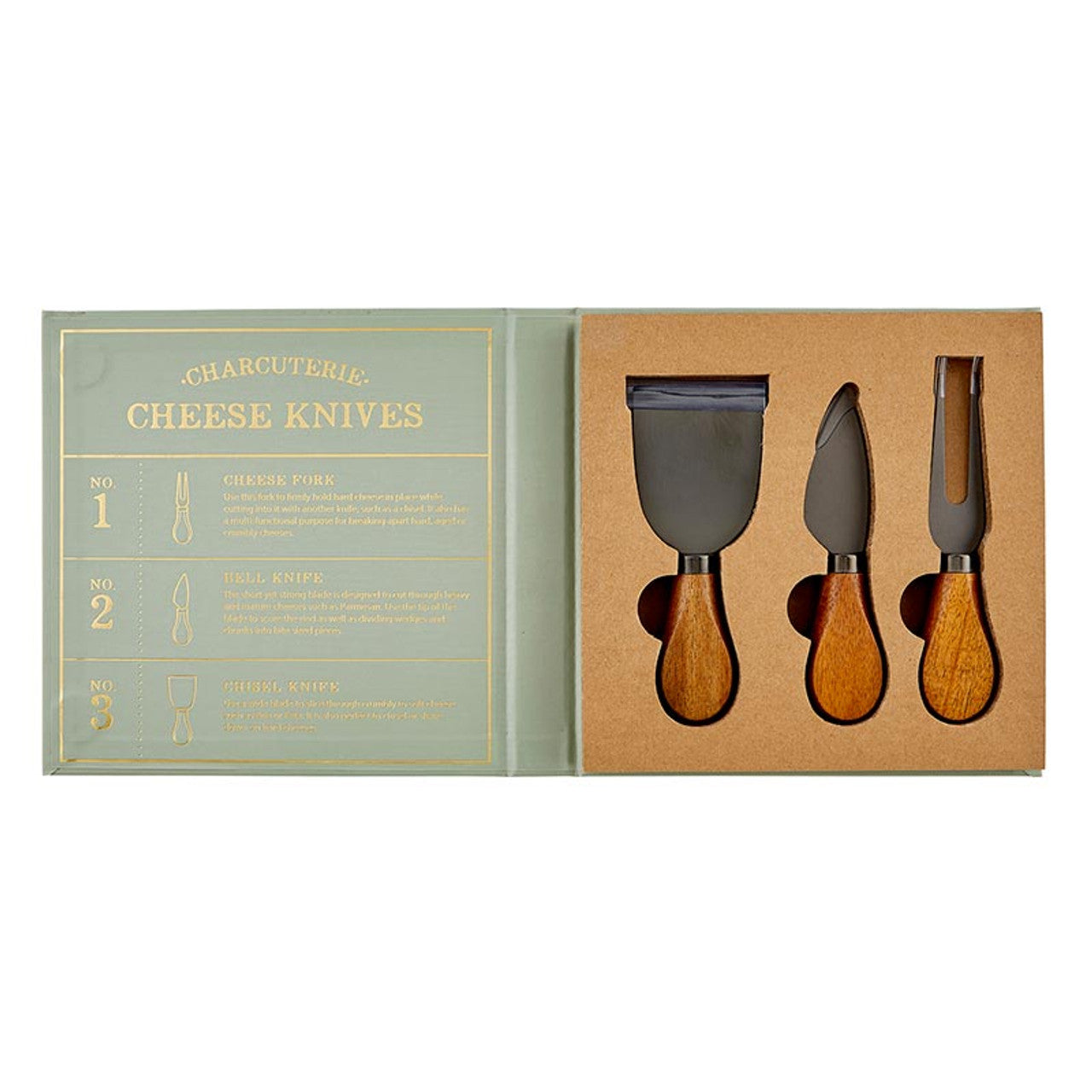 Here for the Charcuterie" book box set includes three cheese knives: cheese fork, wide blade knife, narrow plane knife. Handles: acacia wood. Blades: stainless steel.