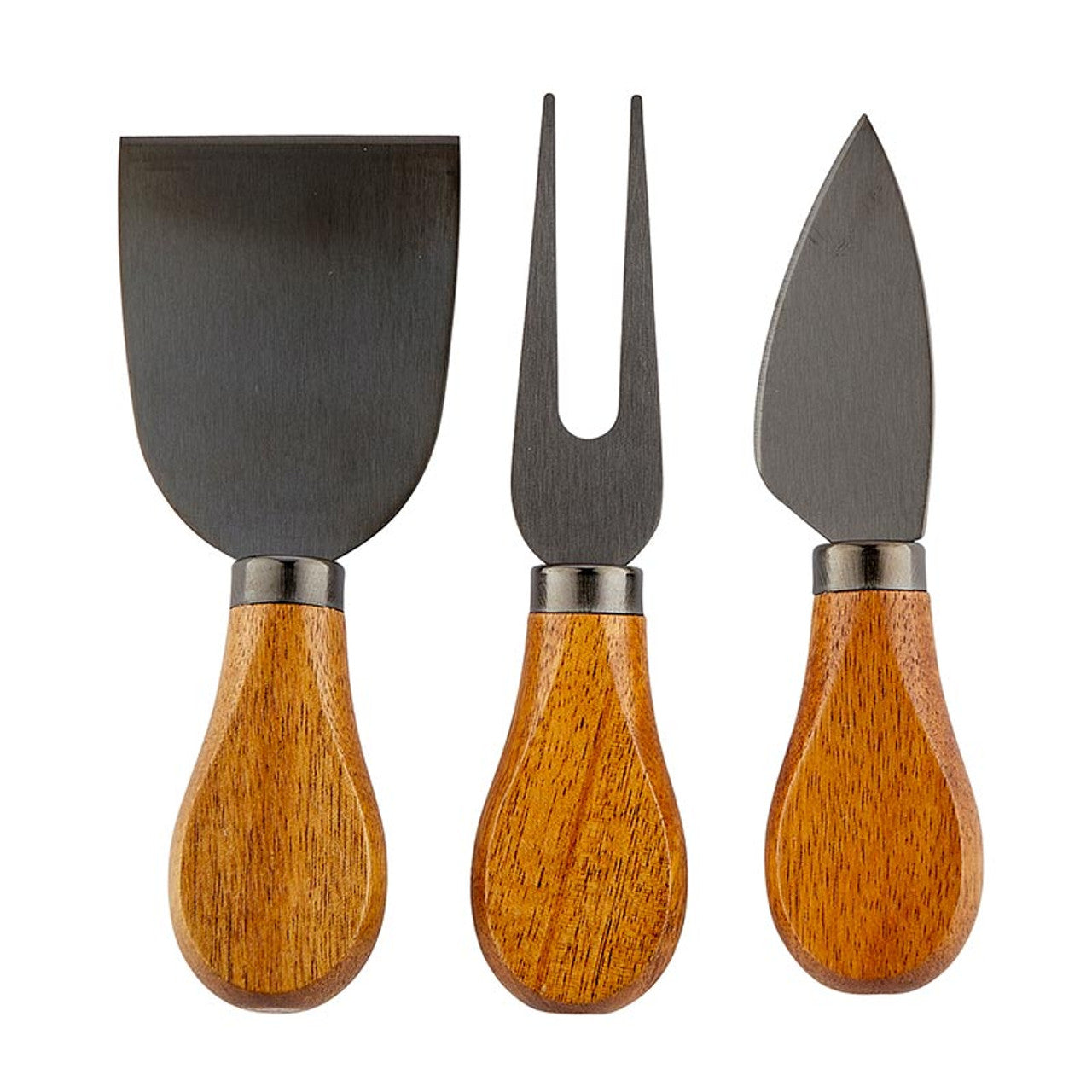 Here for the Charcuterie" Wood Handle Cheese Knives Book Box includes three cheese knives with acacia handles: flat spatula-style knife, two-pronged fork, and pointed blade. Handles are smooth and rounded. Sizes available: One Size.