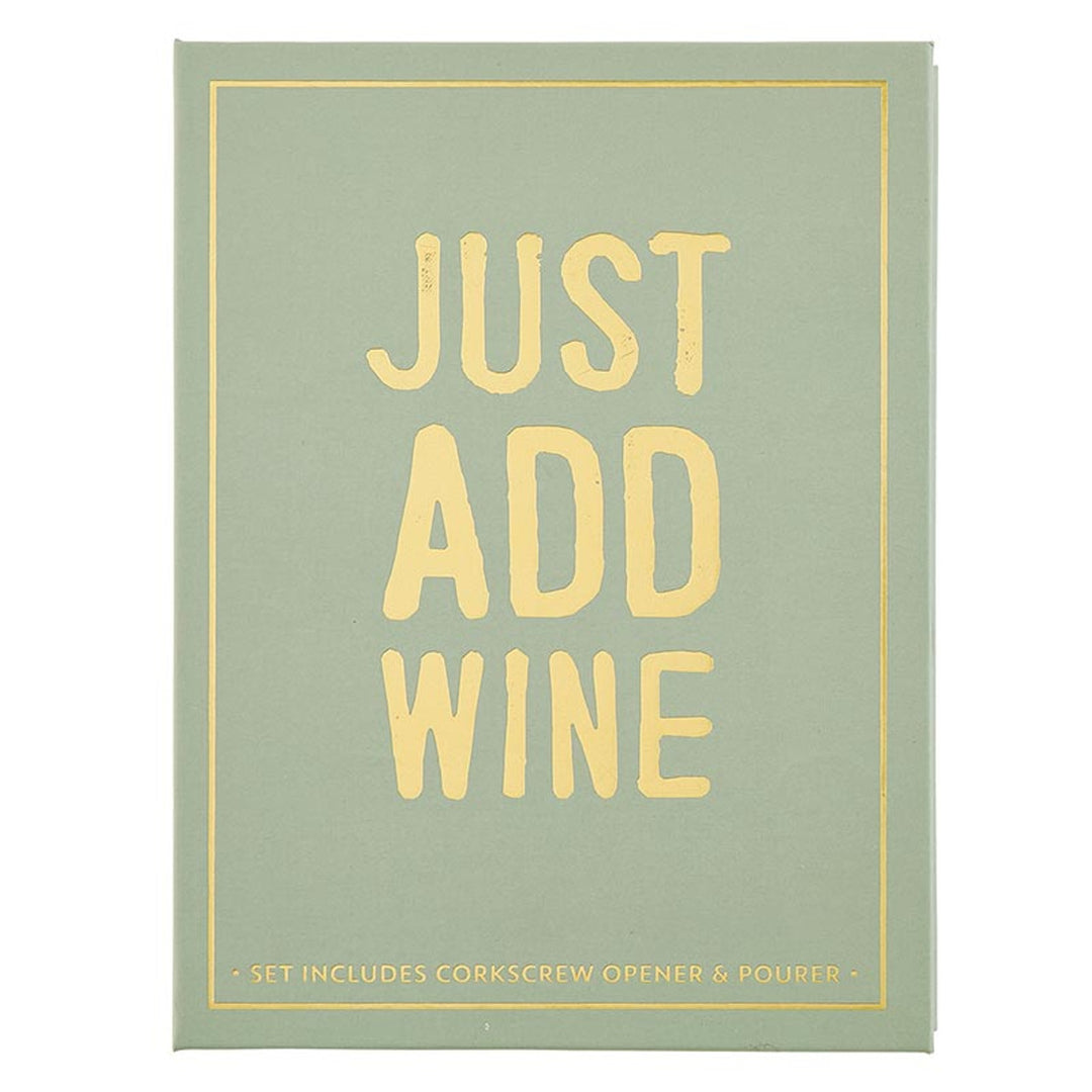 Green "JUST ADD WINE" box features a corkscrew opener and pourer in a stylish Wine Serving Set Book Box. Ideal for gifting, it includes stainless steel tools for easy wine opening. Sizes available: One size.