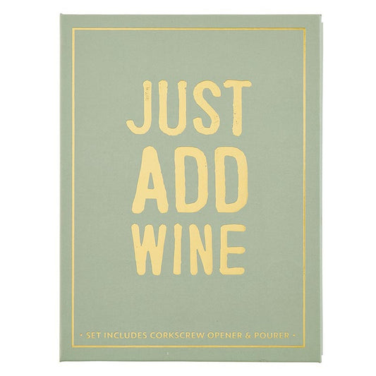 Green "JUST ADD WINE" box features a corkscrew opener and pourer in a stylish Wine Serving Set Book Box. Ideal for gifting, it includes stainless steel tools for easy wine opening. Sizes available: One size.