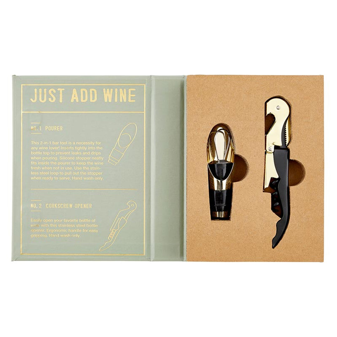 The Wine Serving Set Book Box includes a gold and black wine pourer and a wooden-handled corkscrew opener. Sizes: N/A.