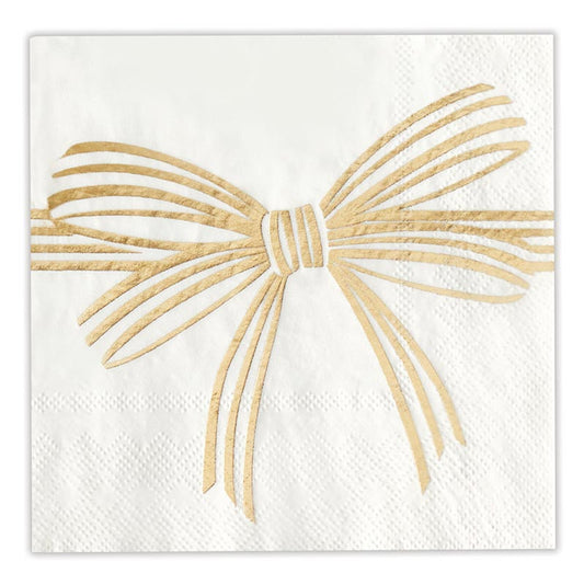 Gold Bow Cocktail Napkin: A sophisticated white napkin with a gold foil bow design and textured lower corners. Sizes available: 5” x 5”.