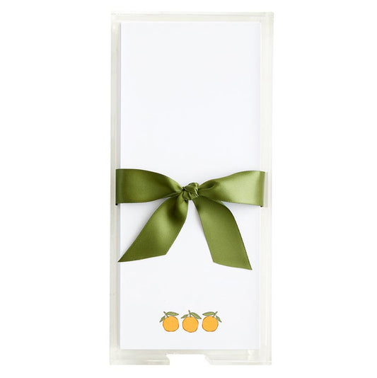 The Rectangle Notepaper with Acrylic Tray - Oranges includes a white notepad decorated with three oranges, tied with a green satin ribbon bow. Available sizes: N/A.