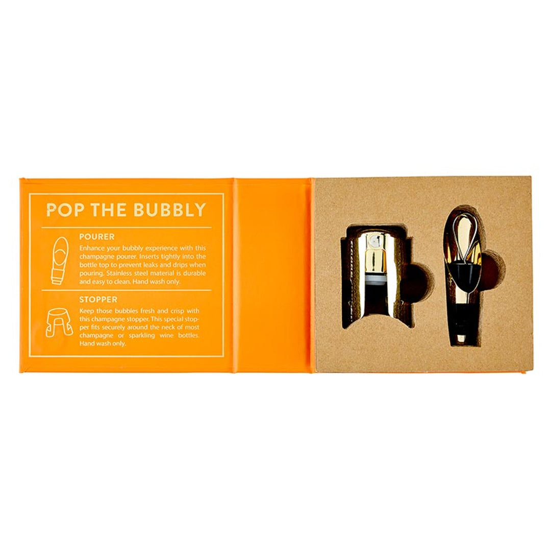 The "But First, Prosecco" book box contains a champagne pourer and stopper with illustrated instructions. Available in one size.