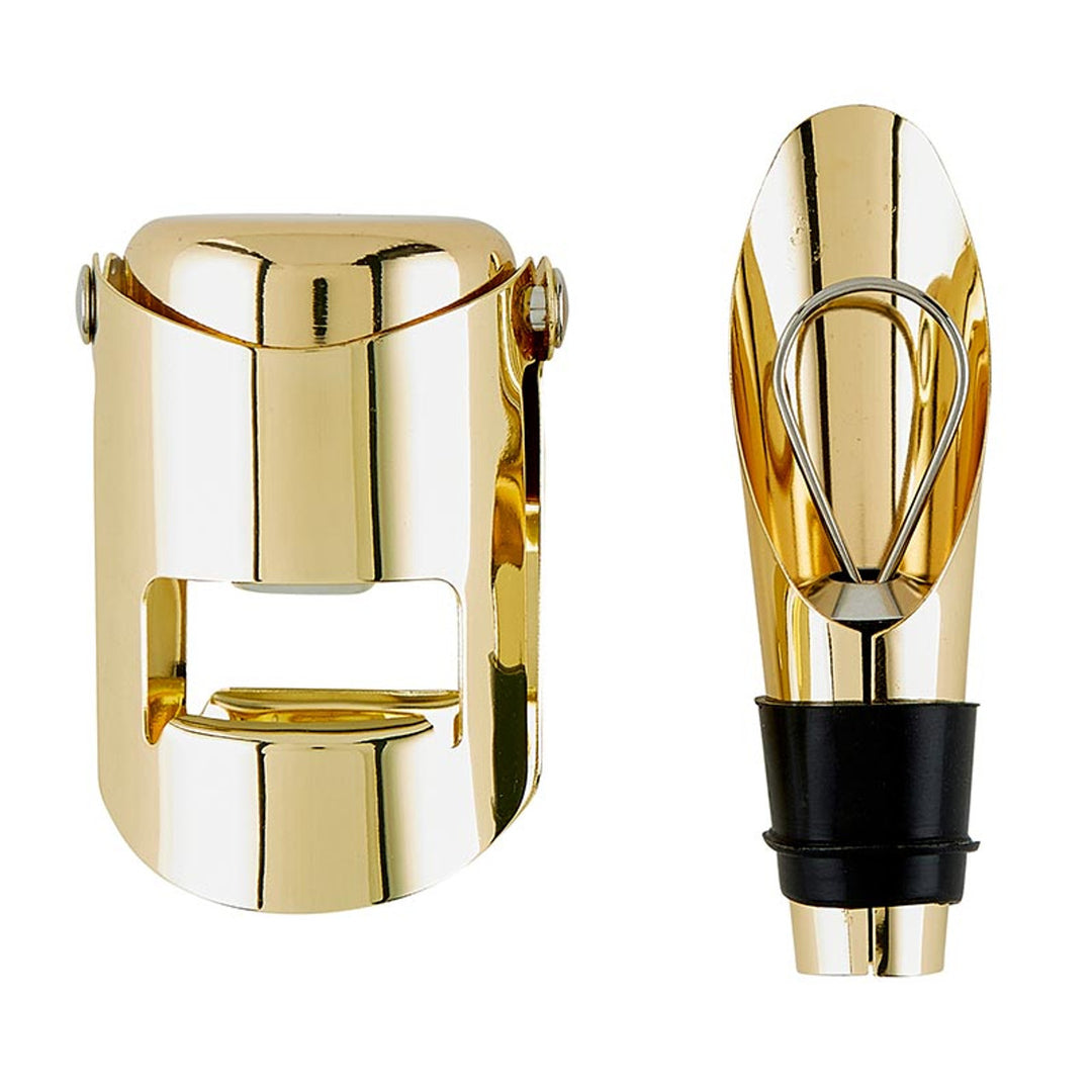 But First, Prosecco" Champagne Stopper + Pourer includes a clip mechanism stopper and a sleek, tapered pourer with a black rubber seal. Both have a polished finish and come in an elegant magnetic book box. Sizes not specified.