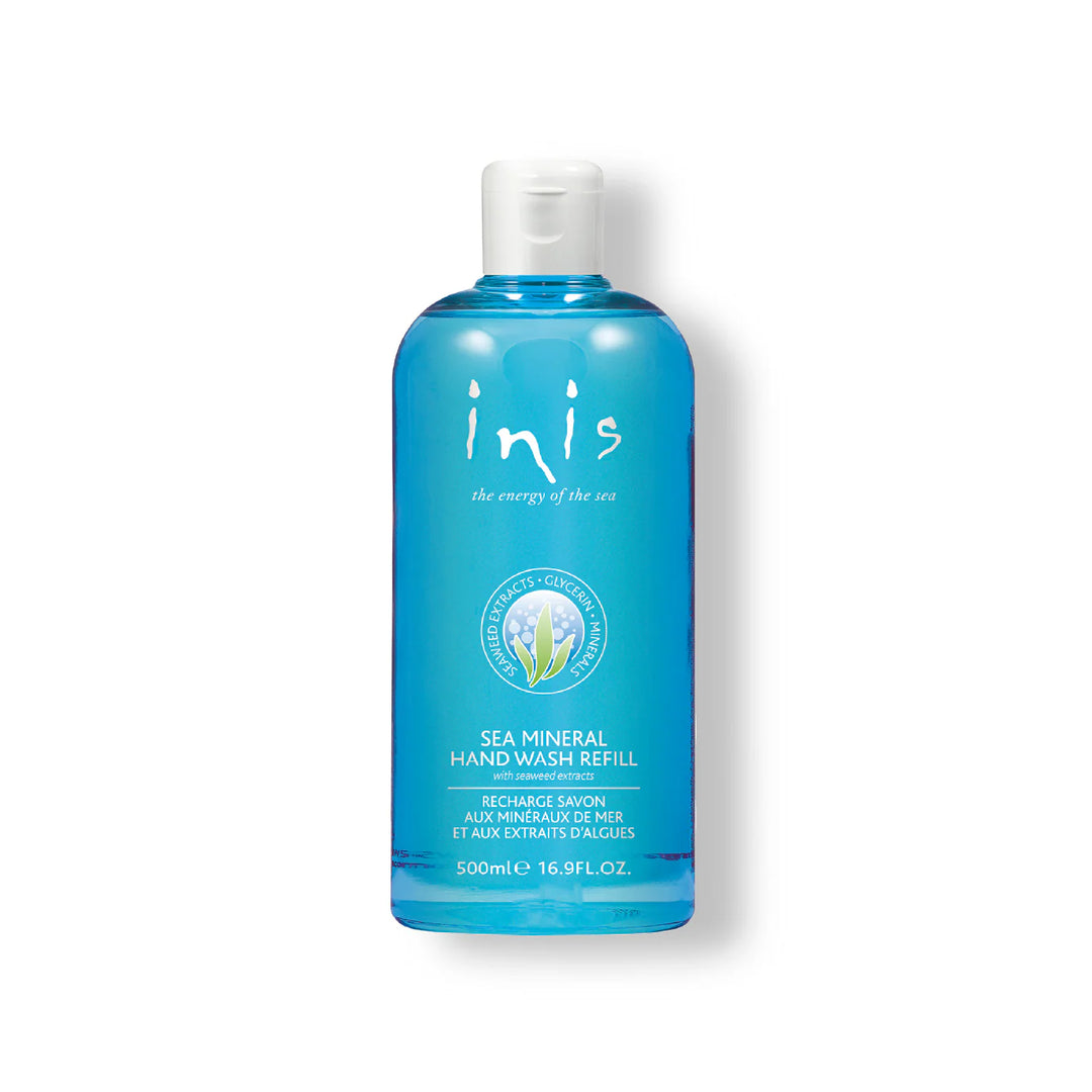 500ml clear blue Inis Sea Mineral Hand Wash Refill with white flip-top cap and round white-text logo on the front label.