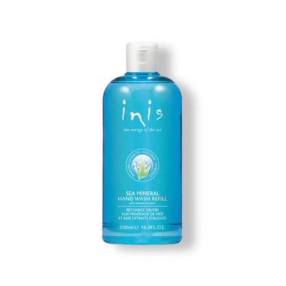 500ml clear blue Inis Sea Mineral Hand Wash Refill with white flip-top cap and round white-text logo on the front label.