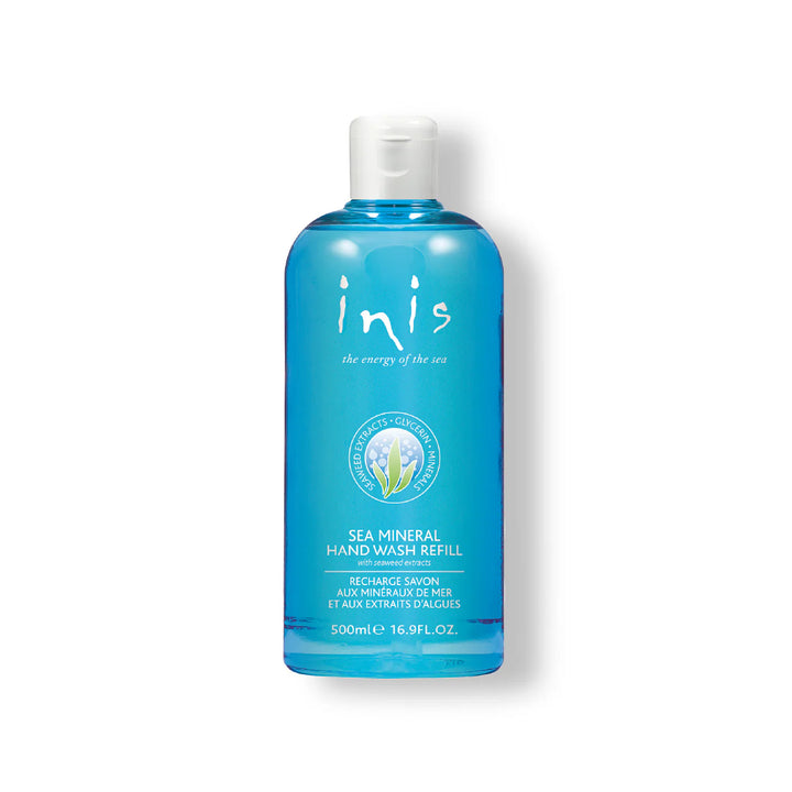 500ml clear blue Inis Sea Mineral Hand Wash Refill with white flip-top cap and round white-text logo on the front label.