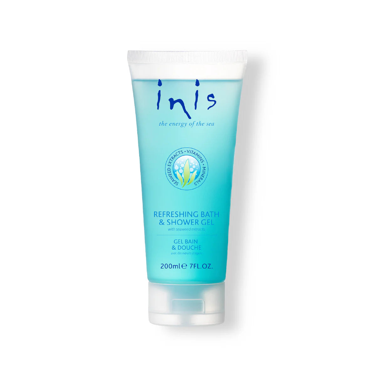 200ml (7 fl. oz.) blue and white Inis Bath & Shower Gel tube with sea-themed design, dolphin logo, sea minerals, vitamins.
