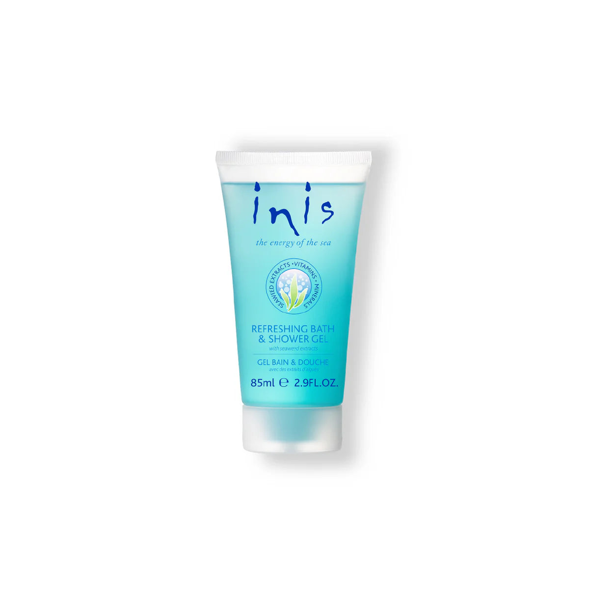 Inis Fragrances of Ireland 85ml blue and white tube with brand name, details, and wave logo.