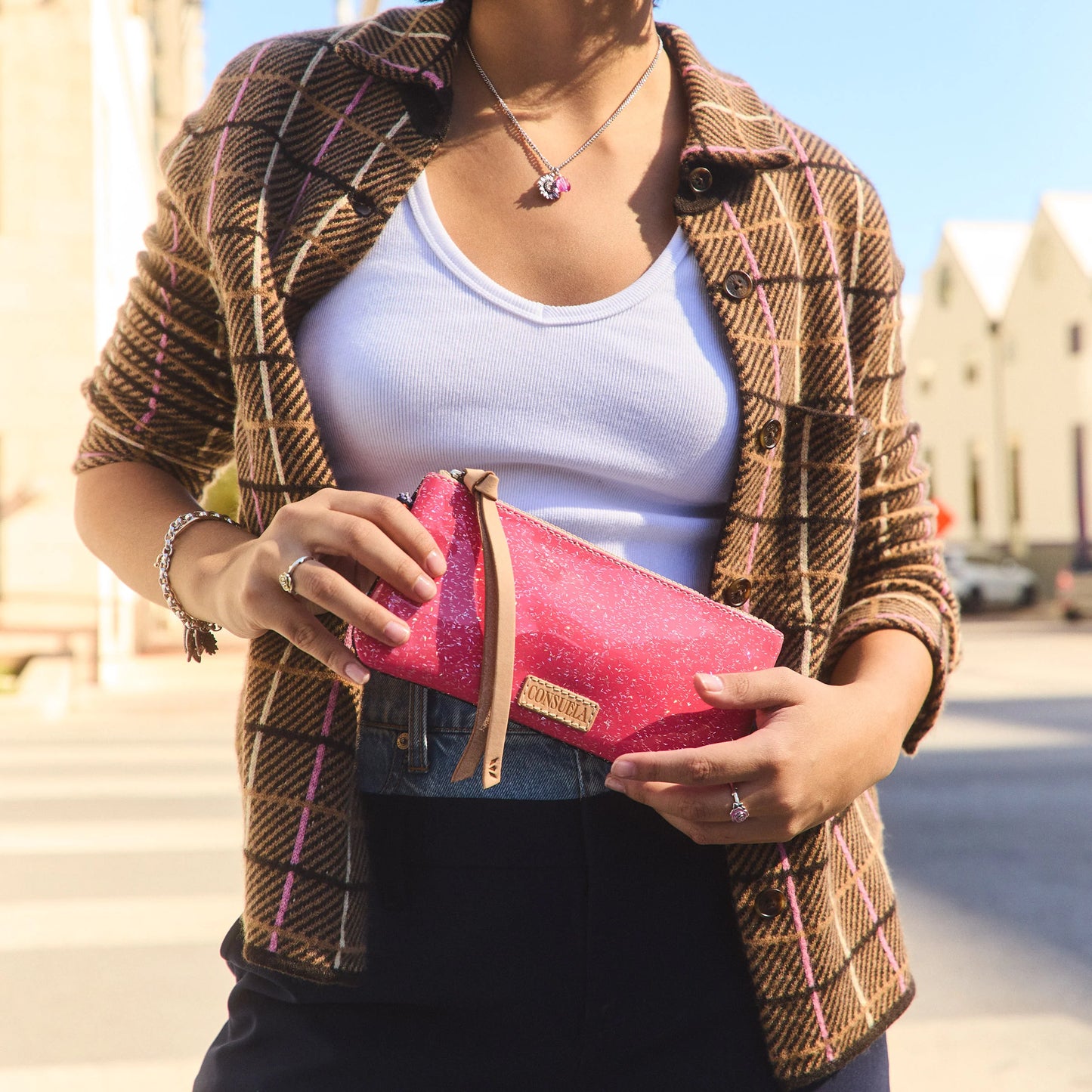 Pop Pouch, Bae—sparkly pink pouch with keyring attachment. Available in multiple sizes.