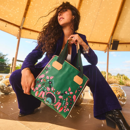 Consuela Classic Tote, Riley: embroidered bag with colorful floral design. Available in small, medium, and large sizes.