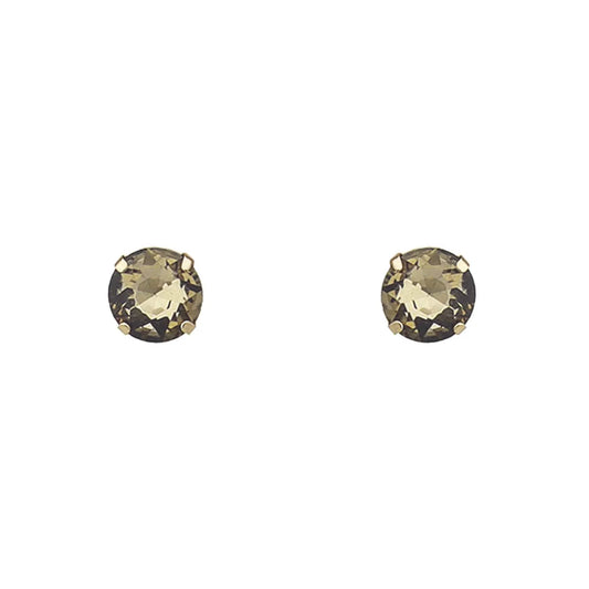 Pen Smokey Crystal Statement Stud Earrings feature round, faceted crystals set in gold-tone prongs. Available sizes: small, medium, large.