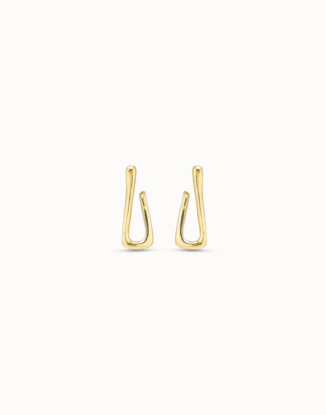 Minimalist 18K gold-plated link-shaped hoop earrings with abstract curved hook design; available in multiple sizes.