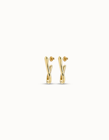 Small, handcrafted gold link-shaped hoop earrings with twisted design and stud backings; available in multiple sizes.