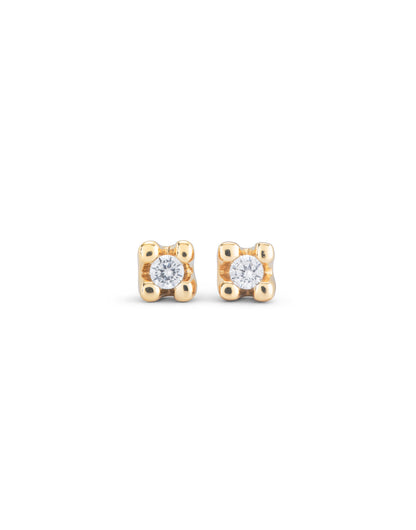 Stud Earrings with white cubic zirconia in small round four-prong 18K gold-plated mounts; available sizes: 3mm, 4mm, 5mm.