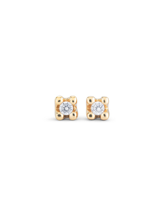 Stud Earrings with white cubic zirconia in small round four-prong 18K gold-plated mounts; available sizes: 3mm, 4mm, 5mm.