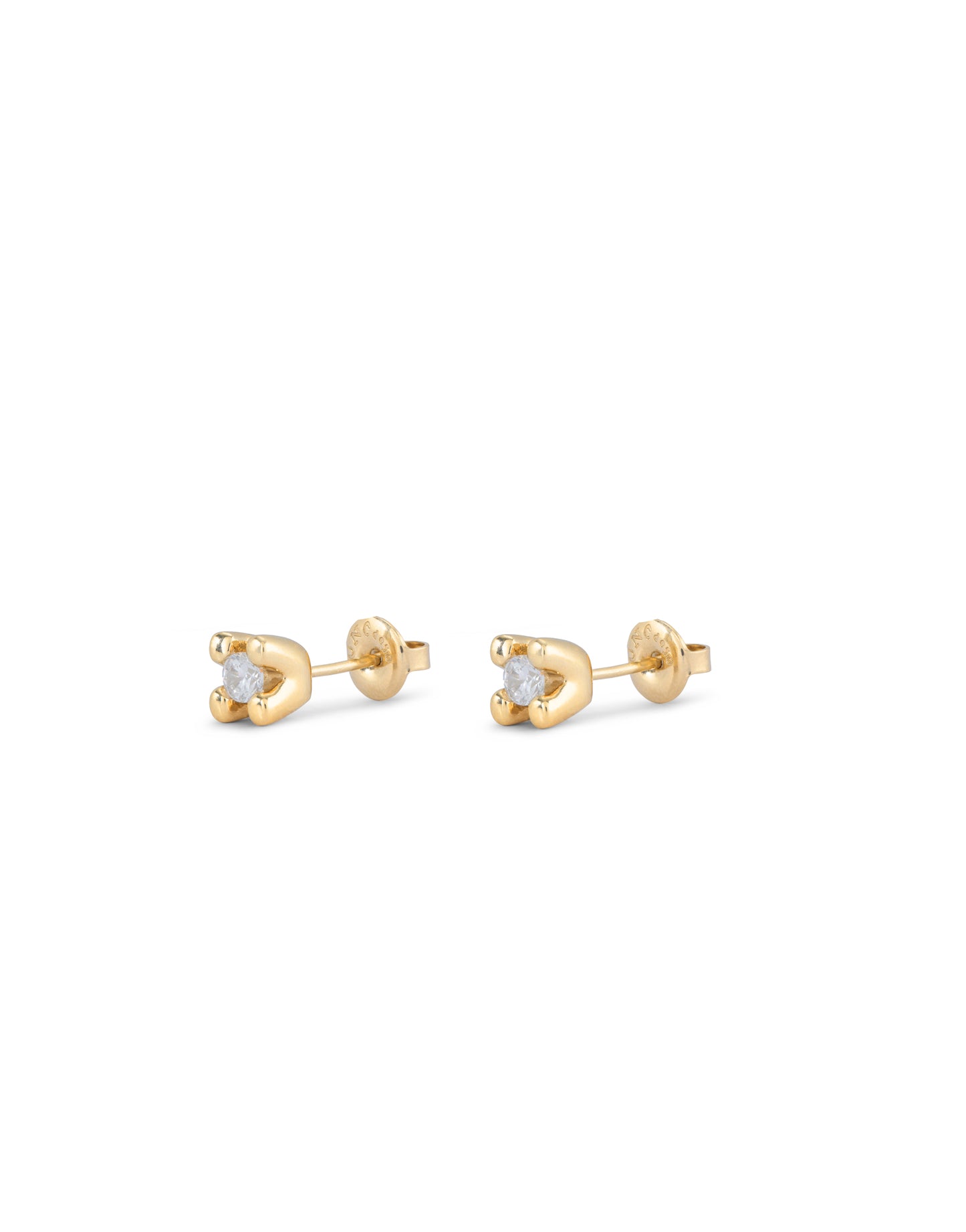 Pair of stud earrings with round white cubic zirconia in small 18K gold-plated three-prong settings. Available sizes: 3mm, 4mm, 5mm.