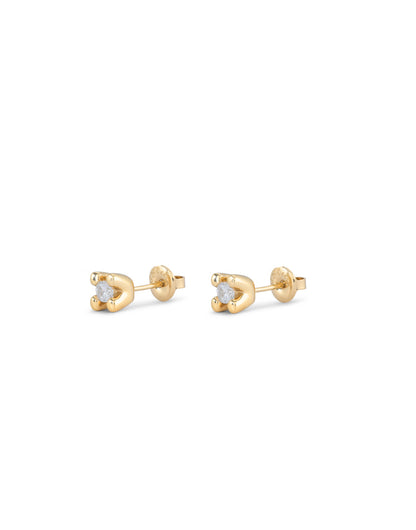 Pair of stud earrings with round white cubic zirconia in small 18K gold-plated three-prong settings. Available sizes: 3mm, 4mm, 5mm.