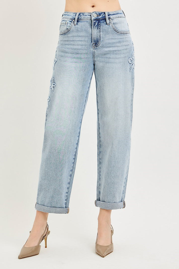 Risen Flower Patch Crop Barrel Jeans with floral embroidery and cuffed hems. Available in sizes 24-32.