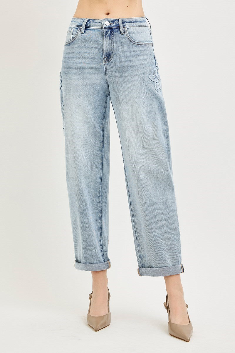 Risen Flower Patch Crop Barrel Jeans: light blue, floral embroidery, rolled cuffs, high-waisted fit. Regular and plus sizes.