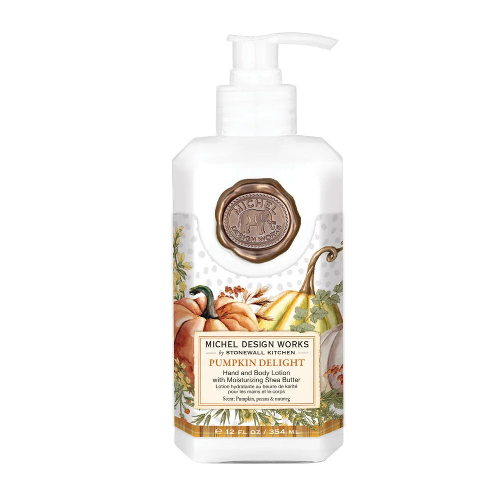 Pumpkin Delight Hand and Body Lotion pump bottle with pumpkin and gourd illustration, 12 fluid ounces (354 milliliters).