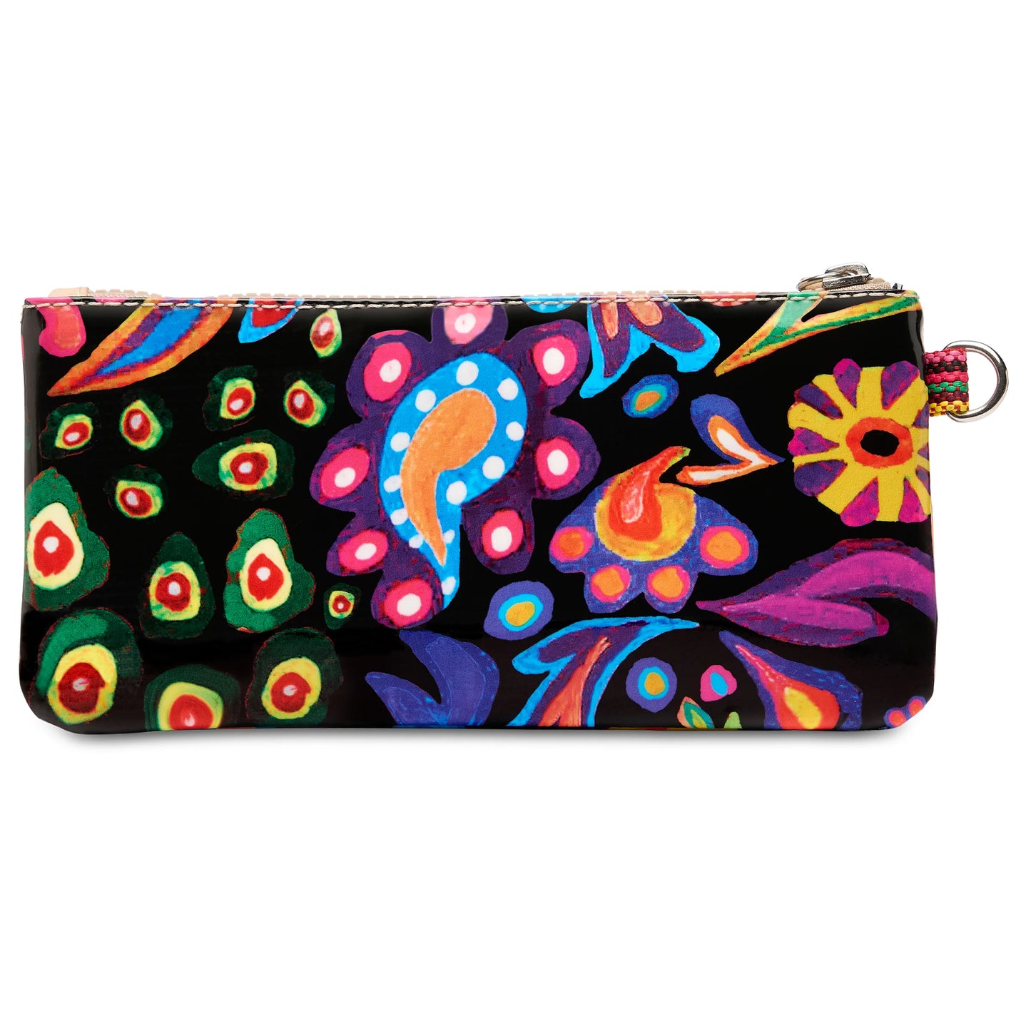 Rectangular zippered pouch with abstract floral and paisley pattern in blue, pink, orange, green, and purple on black. Features a keyring attachment. Available in multiple sizes.