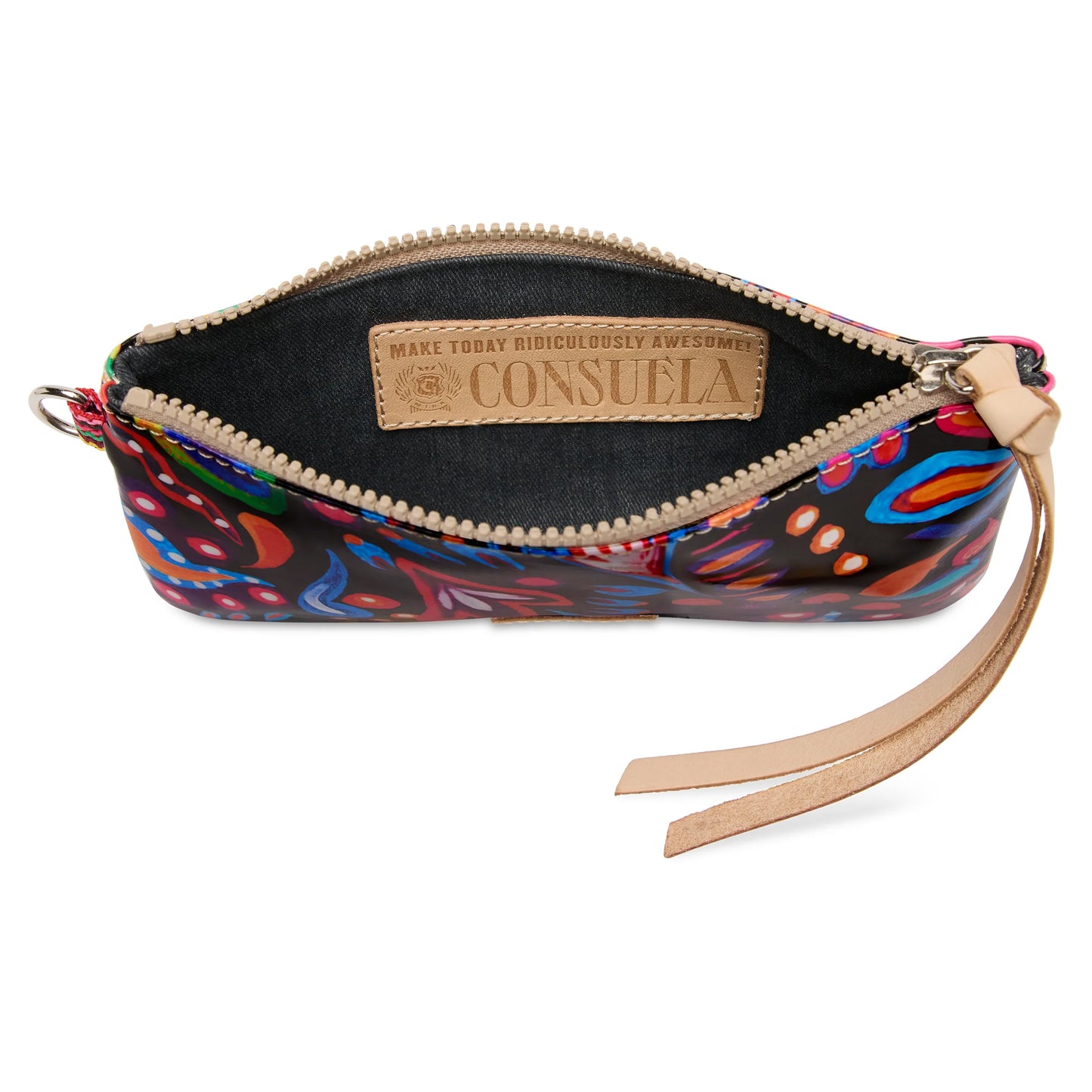 The Pop Pouch, Sophie, is a vibrant pouch with a tan leather pull tab, interior Consuela label reading “Make Today Ridiculously Awesome,” dark fabric lining, zippered closure, and keyring attachment. Available in one size.
