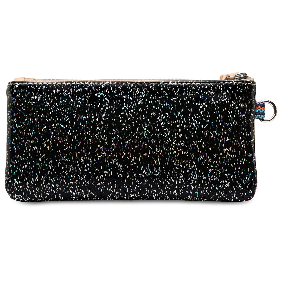 Rectangular black zippered Pop Pouch, Bae, with a subtle speckled pattern and a small silver keyring attachment on one side. Available in multiple sizes.