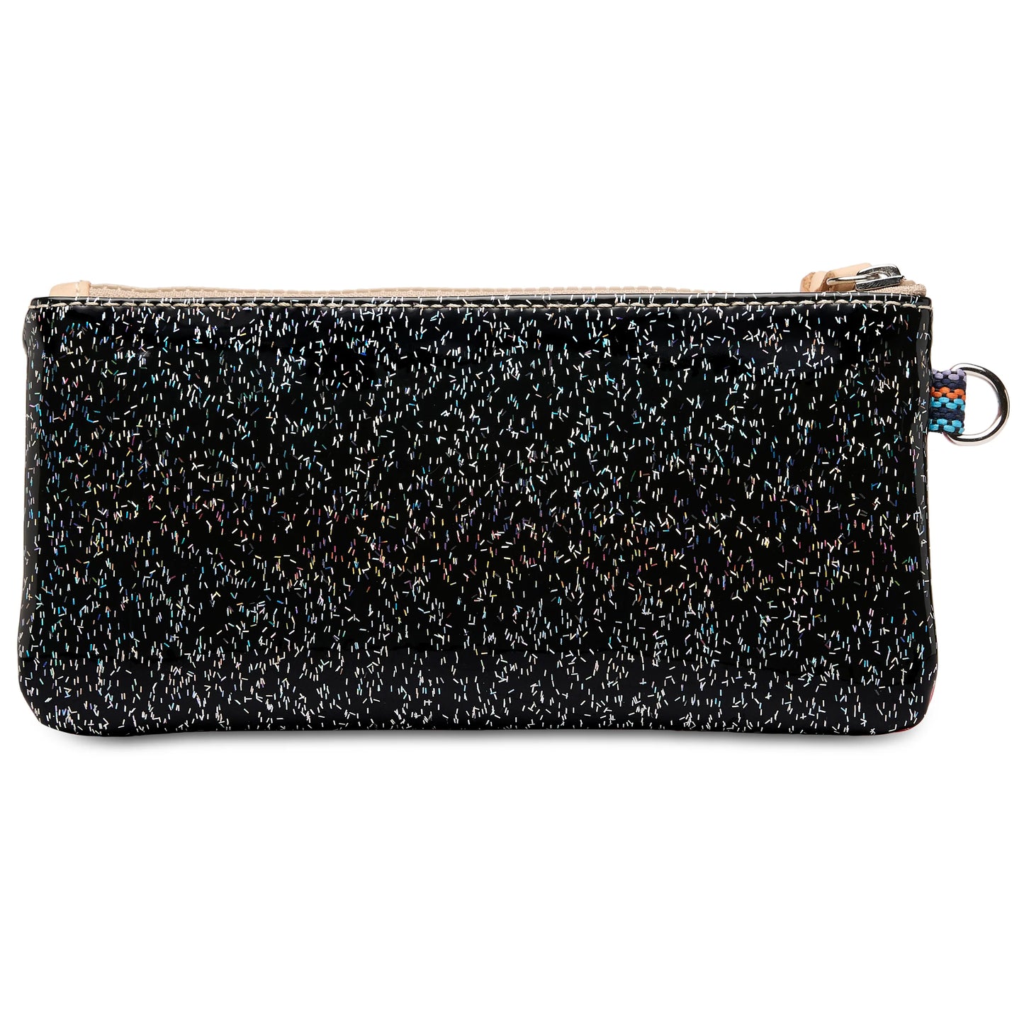 Rectangular black zippered Pop Pouch, Bae, with a subtle speckled pattern and a small silver keyring attachment on one side. Available in multiple sizes.