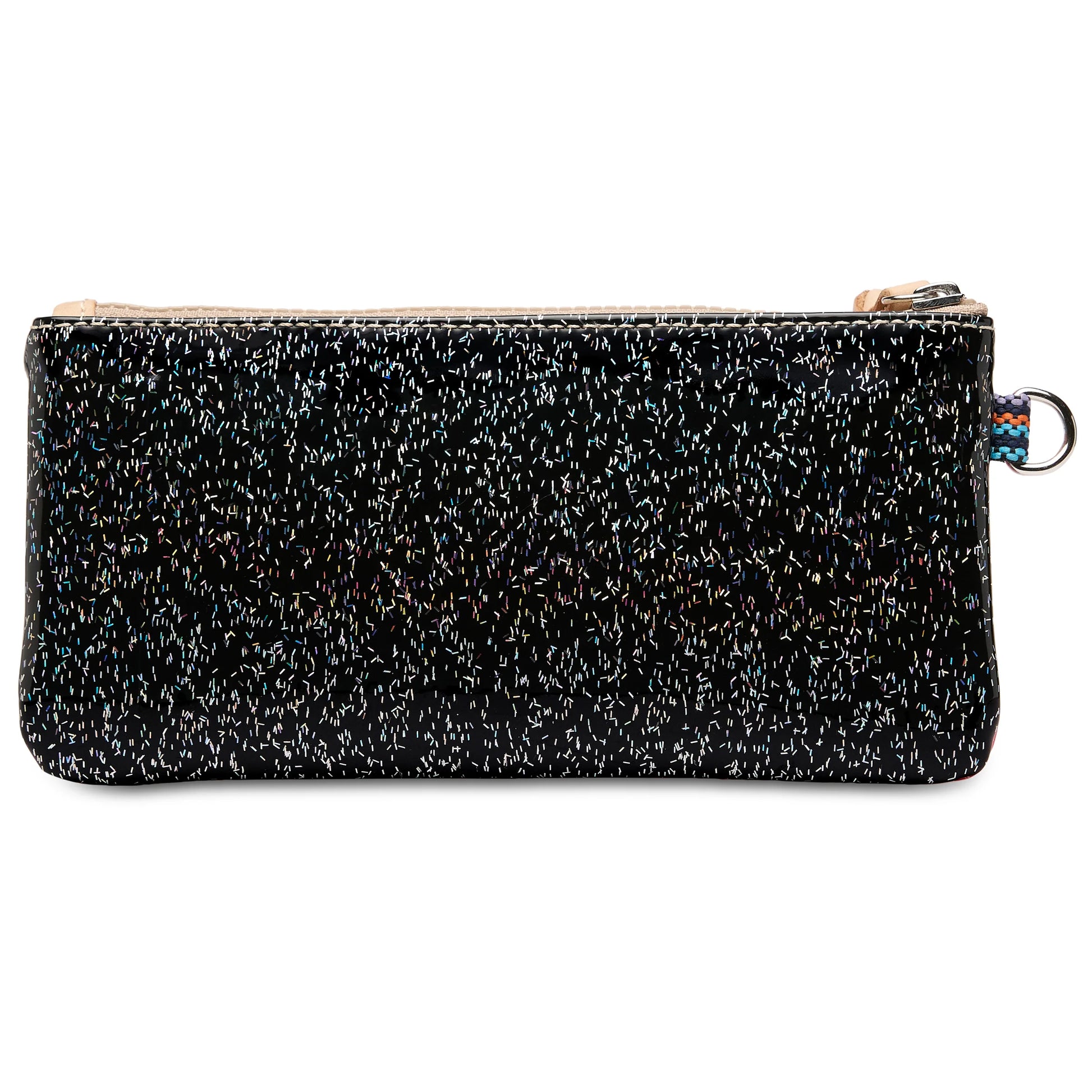 Rectangular black zippered Pop Pouch, Bae, with a subtle speckled pattern and a small silver keyring attachment on one side. Available in multiple sizes.