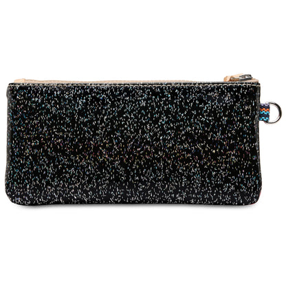 Rectangular black zippered Pop Pouch, Bae, with a subtle speckled pattern and a small silver keyring attachment on one side. Available in multiple sizes.