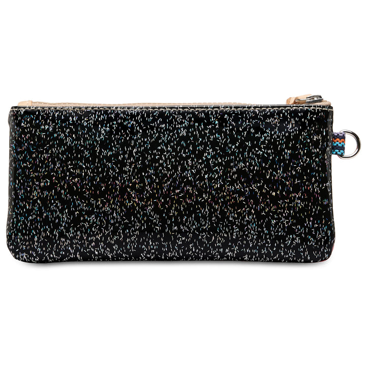 Rectangular black zippered Pop Pouch, Bae, with a subtle speckled pattern and a small silver keyring attachment on one side. Available in multiple sizes.