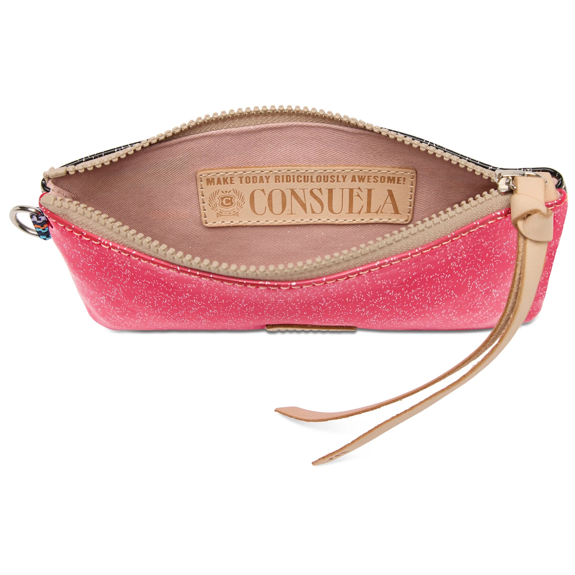 Small pink glittery pouch with tan zipper, leather pull tab, and interior label reading “MAKE TODAY RIDICULOUSLY AWESOME” and “CONSUElA.” Available in one small size.