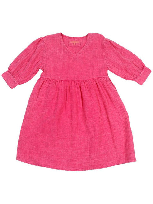 Product: The Bright Hot Pink V-Neck Gauze Dress is available in sizes small, medium, large, and extra-large. This dress features long sleeves and a v-neckline.