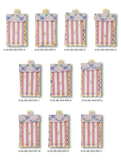 Small Pendant Initial Necklaces shown on pink/white striped cards with bows; available in small size.