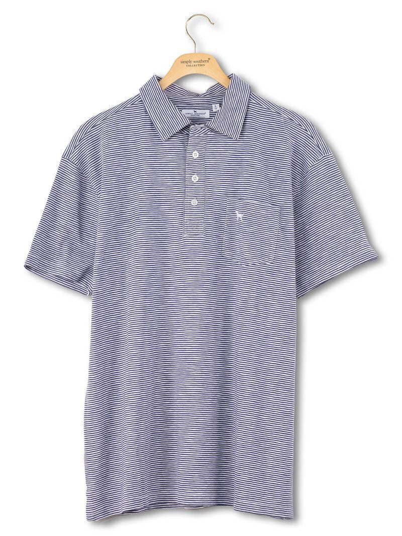 Men's Navy Striped Seaside Polo: short-sleeve cotton, navy/white stripes, collar, four buttons, chest pocket. Sizes S-XXL.