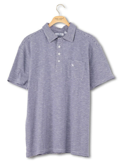 Men's Navy Striped Seaside Polo: short-sleeve cotton, navy/white stripes, collar, four buttons, chest pocket. Sizes S-XXL.