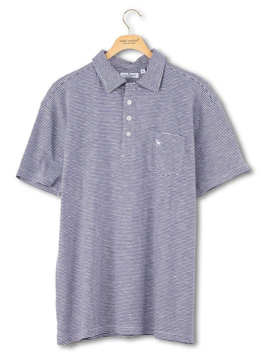 Men's Navy Striped Seaside Polo: short-sleeve cotton, navy/white stripes, collar, four buttons, chest pocket. Sizes S-XXL.